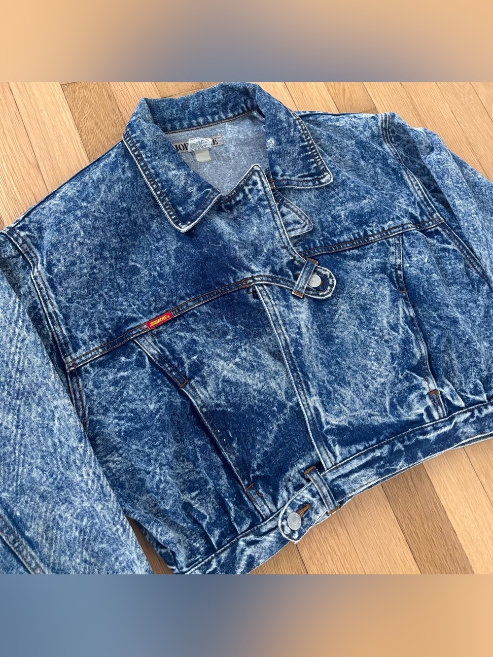 Vintage 80s Jordache Denim Jacket Womens M Avant Garde Acid Wash Crop Asymmetric - Picture 3 of 16